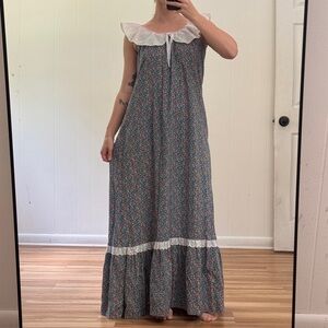 Vintage Floral Maxi Dress Milkmaid Cottage with Ruffle Neckline